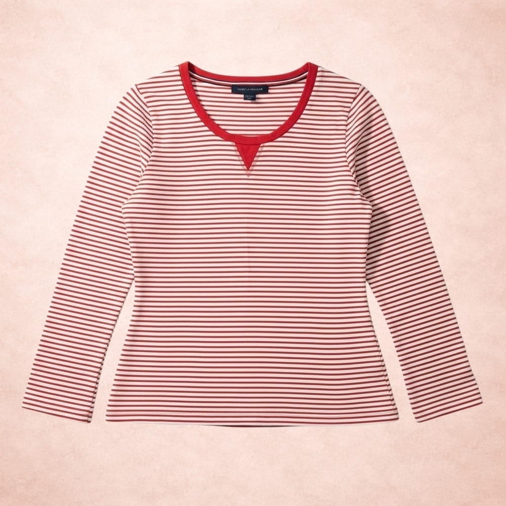 5/30 Tommy Hilfiger Womens Medium Red White Striped Long Sleeve Split Neck Top